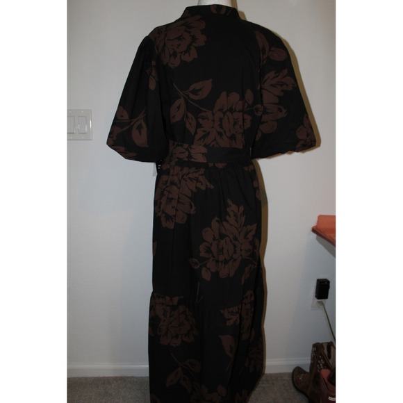 Sandra Darren Womens XL Floral Maxi Dress Black Brown Tiered Puff Sleeve 78345BK - Picture 5 of 12